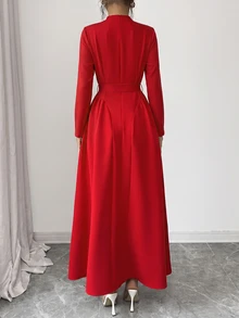 Elenzga Keyhole Neckline Belted Dress - Red - View 2