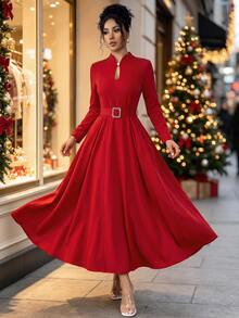 Elenzga Keyhole Neckline Belted Dress - Red - View 1