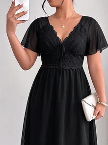 Elenzga Plus Size Shirred Lace Patchwork Backless Chiffon Dress Autumn Spring Wedding Evening Guest Party Black Elegant Autumn Fall Clothes For Women Elegant - Black - View 6