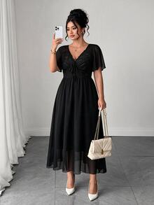 Elenzga Plus Size Shirred Lace Patchwork Backless Chiffon Dress Autumn Spring Wedding Evening Guest Party Black Elegant Autumn Fall Clothes For Women Elegant - Black - View 3