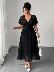 Elenzga Plus Size Shirred Lace Patchwork Backless Chiffon Dress Autumn Spring Wedding Evening Guest Party Black Elegant Autumn Fall Clothes For Women Elegant - Black - View 4