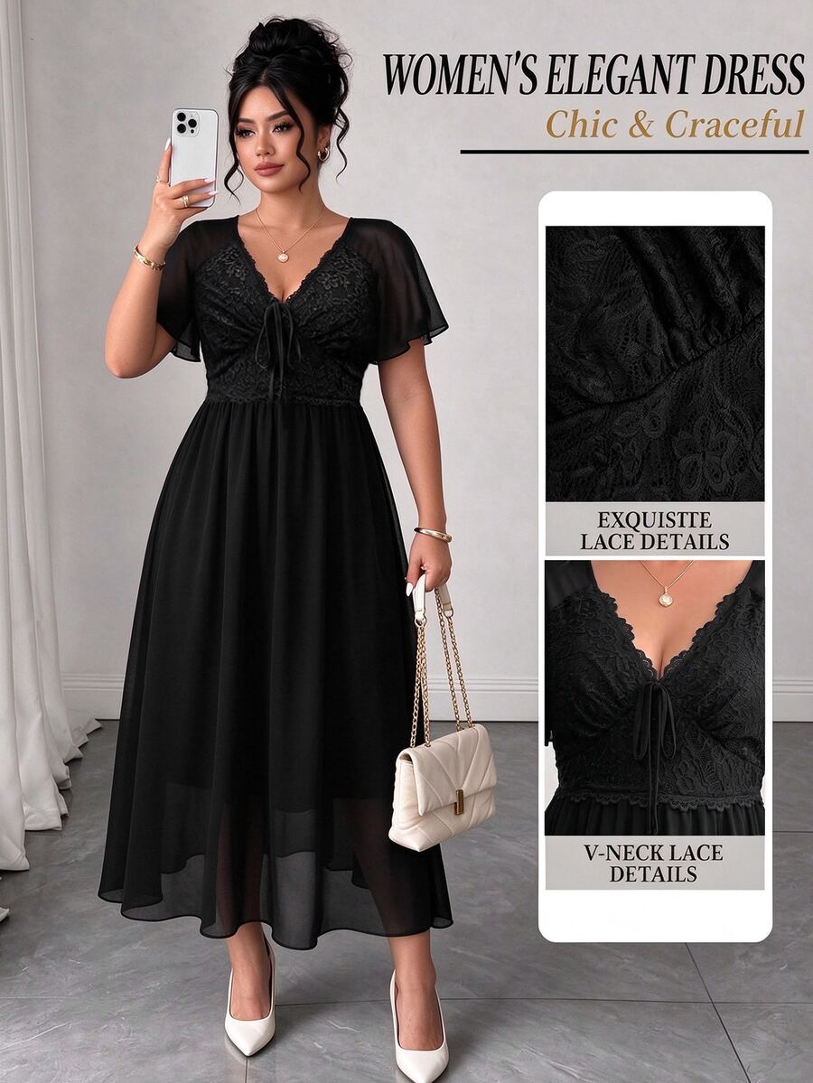 Elenzga Plus Size Shirred Lace Patchwork Backless Chiffon Dress Autumn Spring Wedding Evening Guest Party Black Elegant Autumn Fall Clothes For Women Elegant - Black - View 1