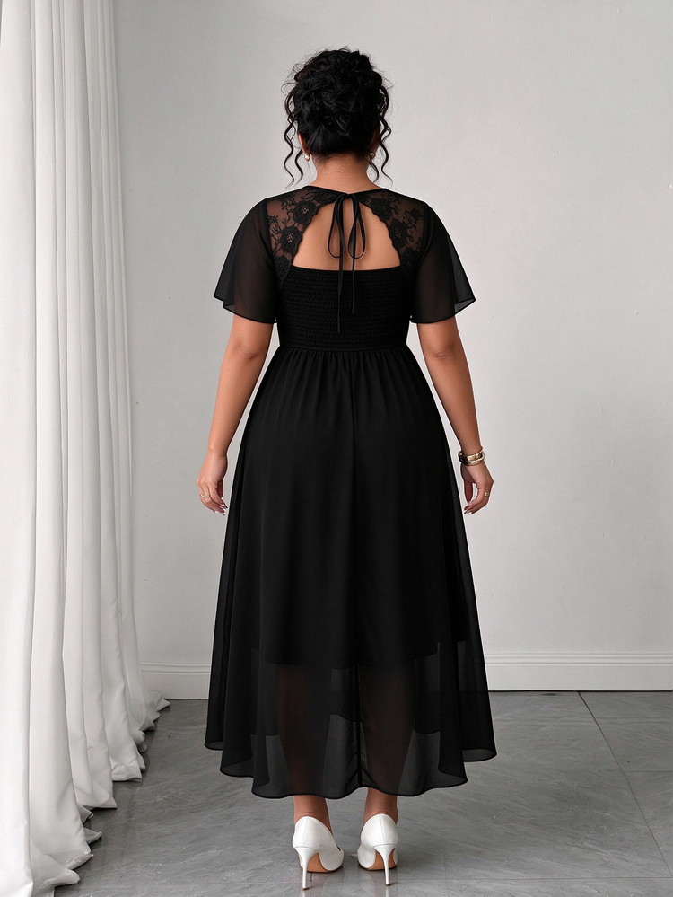 Elenzga Plus Size Shirred Lace Patchwork Backless Chiffon Dress Autumn Spring Wedding Evening Guest Party Black Elegant Autumn Fall Clothes For Women Elegant - Black - View 2