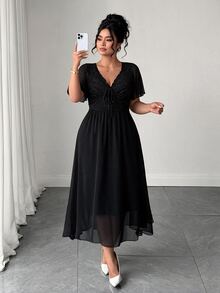 Elenzga Plus Size Shirred Lace Patchwork Backless Chiffon Dress Autumn Spring Wedding Evening Guest Party Black Elegant Autumn Fall Clothes For Women Elegant - Black - View 5