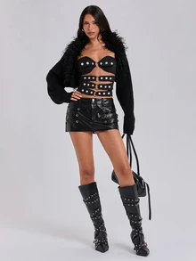 ROMWE Y2K Sexy Hot Girl Versatile Patchwork Fur Collar Ultra Cropped Knit Cardigan - Black - View 6