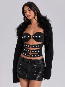 ROMWE Y2K Sexy Hot Girl Versatile Patchwork Fur Collar Ultra Cropped Knit Cardigan - Black - View 4