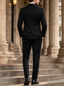 Manfinity Mode Men's Single-Breasted Suit Jacket With Rhinestones And Matching Pants, Autumn, Elegant, Party, Suitable For Business, Banquets, And Ceremonies, Formal - Black - View 2