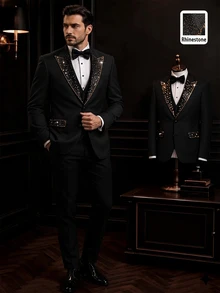 Manfinity Mode Men's Single-Breasted Suit Jacket With Rhinestones And Matching Pants, Autumn, Elegant, Party, Suitable For Business, Banquets, And Ceremonies, Formal - Black - View 6