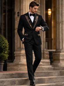 Manfinity Mode Men's Single-Breasted Suit Jacket With Rhinestones And Matching Pants, Autumn, Elegant, Party, Suitable For Business, Banquets, And Ceremonies, Formal - Black - View 7