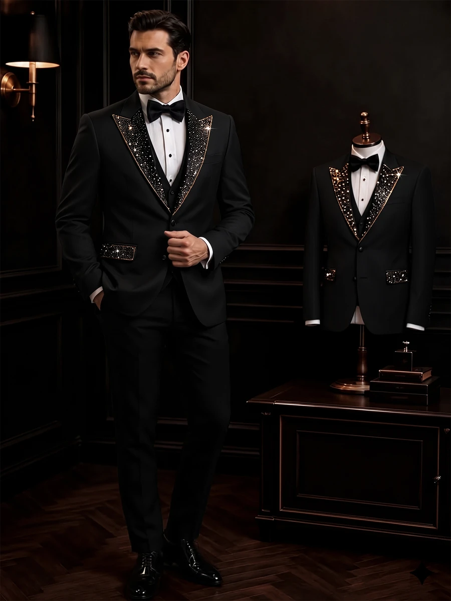 Manfinity Mode Men's Single-Breasted Suit Jacket With Rhinestones And Matching Pants, Autumn, Elegant, Party, Suitable For Business, Banquets, And Ceremonies, Formal - Black - View 1