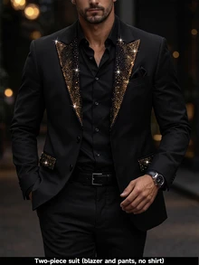 Manfinity Mode Men's Single-Breasted Suit Jacket With Rhinestones And Matching Pants, Autumn, Elegant, Party, Suitable For Business, Banquets, And Ceremonies, Formal - Black - View 5