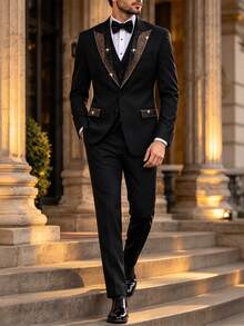 Manfinity Mode Men's Single-Breasted Suit Jacket With Rhinestones And Matching Pants, Autumn, Elegant, Party, Suitable For Business, Banquets, And Ceremonies, Formal - Black - View 3
