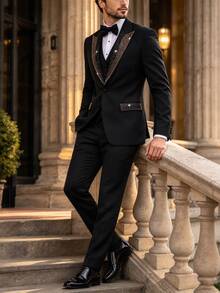 Manfinity Mode Men's Single-Breasted Suit Jacket With Rhinestones And Matching Pants, Autumn, Elegant, Party, Suitable For Business, Banquets, And Ceremonies, Formal - Black - View 8
