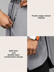 Acti Log Men's Letter Print Zipper Pocket 2 In 1 Sports Pants Sweat Pants - Black - View 3