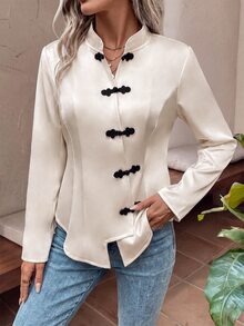SHEIN Women's Elegant Chinese Style Long Sleeve Jacket With Frog Button Design - Beige - View 6