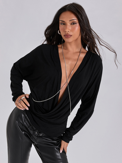 Autumn Winter All Season Sexy Y2K Party Deep V-Neck Metal Chain Cross Drape Women's T-Shirt