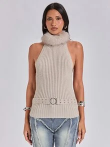 ROMWE Autumn/Winter Casual Party Sexy Y2K Metal Buckle Patchwork Fur Collar Backless Knit Top - Apricot - View 8