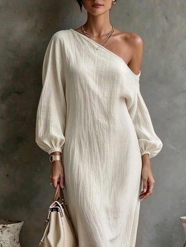 EMERY ROSE Women's Plus Size Asymmetrical Neckline Casual Elegant Minimalist Design Loose Fit Autumn Textured Maxi Dress Brunch Vacation White Party Vacation - Apricot - View 4