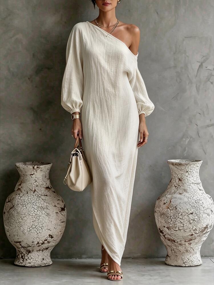 EMERY ROSE Women's Plus Size Asymmetrical Neckline Casual Elegant Minimalist Design Loose Fit Autumn Textured Maxi Dress Brunch Vacation White Party Vacation - Apricot - View 1