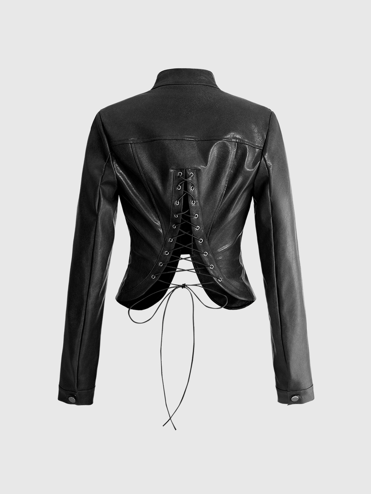 ACID BLVD Áo khoác croptop ôm sát PU giặt màu vintage, thiết kế hở lưng buộc dây phong cách Y2K gợi cảm cho nữ - Màu xám đen - Xem 9
