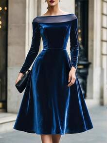 Balvessa Mesh Off-Shoulder Fitted Long Sleeve Velvet Waist-Cinching Full Skirt Midi Dress - Aqua Blue - View 3