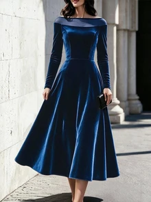 Balvessa Mesh Off-Shoulder Fitted Long Sleeve Velvet Waist-Cinching Full Skirt Midi Dress - Aqua Blue - View 4