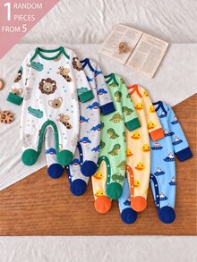 嬰兒 (隨機 5 合 1) 柔軟舒適新生兒套裝，多色 (藍色、綠色、卡其色) 與多圖案 (動物、恐龍、鴨子)；秋季 - 白色 - 查看 3