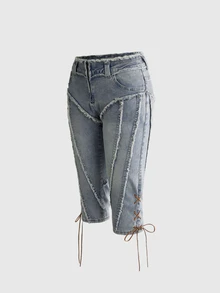 ROMWE Autumn/Winter Y2K Sexy Millennium Style Frayed Edge Exposed 2 In 1 Ultra Low Waist Tight Denim Shorts - Light Wash - View 2