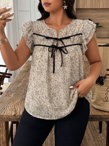 Weeklong Plus Size Women's Spring/Summer Ditsy Floral Colorblock Tie-Front Casual Vacation Shirt - Multicolor - View 3