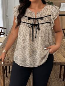 Weeklong Plus Size Women's Spring/Summer Ditsy Floral Colorblock Tie-Front Casual Vacation Shirt - Multicolor - View 4