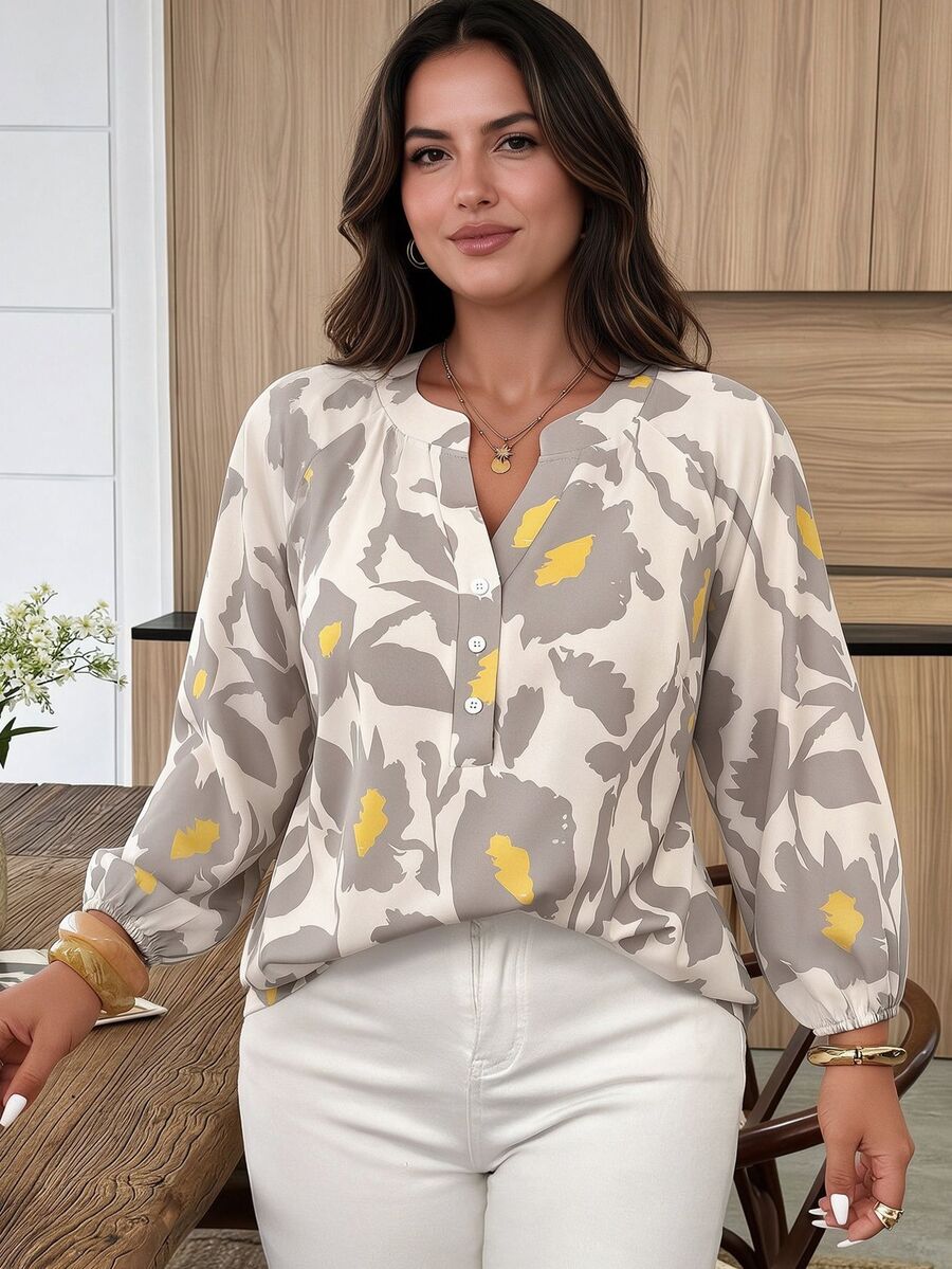 Weeklong Plus Size Women's Spring/Summer Notch Collar Mid-Sleeve Cuff Elastic Plant Print Casual Vacation Shirt Fall - Multicolor - View 1