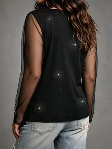 Weeklong Plus Size Elegant Sparkle Black Mesh Overlay V Neck Long Sleeve Evening Party T Shirt Fall - Black - View 5