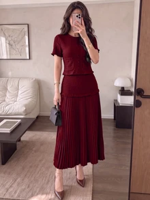 Modelyn Women's Elegant Pink Textured Short Sleeve Jacket And Pleated Skirt 2 Pieces Set - Burgundy - View 1