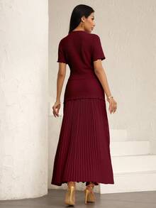 Modelyn Women's Elegant Pink Textured Short Sleeve Jacket And Pleated Skirt 2 Pieces Set - Burgundy - View 2