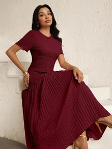 Modelyn Women's Elegant Pink Textured Short Sleeve Jacket And Pleated Skirt 2 Pieces Set - Burgundy - View 8