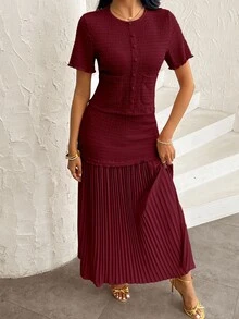 Modelyn Women's Elegant Pink Textured Short Sleeve Jacket And Pleated Skirt 2 Pieces Set - Burgundy - View 6