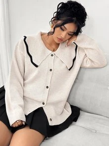 Elenzga Cardigan Rajut Lengan Panjang Ukuran Besar, Potongan Longgar, Melangsingkan, Warna Kontras, Kerah Ukuran Besar, Cocok untuk Komuter, Serbaguna - Aprikot - View 7