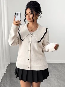 Elenzga Cardigan Rajut Lengan Panjang Ukuran Besar, Potongan Longgar, Melangsingkan, Warna Kontras, Kerah Ukuran Besar, Cocok untuk Komuter, Serbaguna - Aprikot - View 6