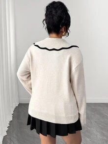 Elenzga Cardigan Rajut Lengan Panjang Ukuran Besar, Potongan Longgar, Melangsingkan, Warna Kontras, Kerah Ukuran Besar, Cocok untuk Komuter, Serbaguna - Aprikot - View 2