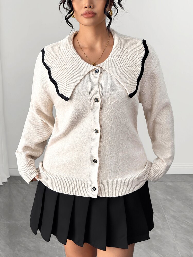 Elenzga Plus Size Loose Fit Slimming Contrast Color Plus Size Collar Long Sleeve Commuter Versatile Knit Cardigan Sweater - Apricot - View 5