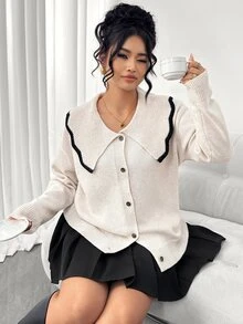 Elenzga Cardigan Rajut Lengan Panjang Ukuran Besar, Potongan Longgar, Melangsingkan, Warna Kontras, Kerah Ukuran Besar, Cocok untuk Komuter, Serbaguna - Aprikot - View 8
