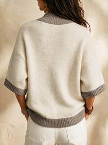SHEIN Women Mock Neck Short Sleeve Knit Sweater, Color Block Rib Trim Loose Fit Pullover Knit Top - Apricot - View 2