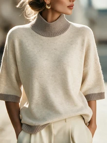SHEIN Women Mock Neck Short Sleeve Knit Sweater, Color Block Rib Trim Loose Fit Pullover Knit Top - Apricot - View 7