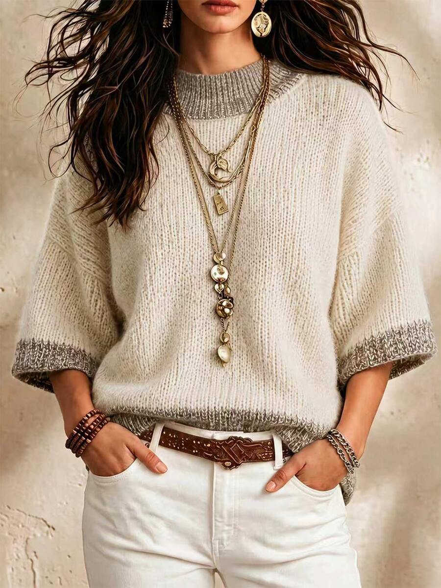 SHEIN Women Mock Neck Short Sleeve Knit Sweater, Color Block Rib Trim Loose Fit Pullover Knit Top - Apricot - View 1