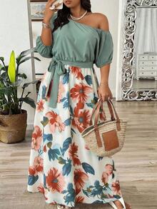 Weeklong Plus Size Casual Floral Print Asymmetric Hem Patchwork Dress Vacation Wedding Guest Vacation White Summer Elegant - Multicolor - View 3