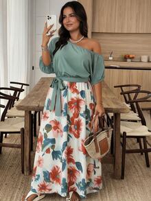 Weeklong Plus Size Casual Floral Print Asymmetric Hem Patchwork Dress Vacation Wedding Guest Vacation White Summer Elegant - Multicolor - View 1