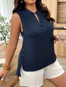 Weeklong Plus Size Women's Casual Vacation Asymmetric Hem Contrast Button Sleeveless Shirt, Spring/Summer Chic - Navy Blue - View 5