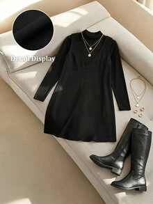SHEIN Frenchy 大尺碼女款 2 件套：純色立領長袖 T 恤與無袖洋裝，休閒優雅冬季辦公約會穿搭，黑色 - 黑色 - 查看 9