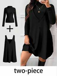 SHEIN Frenchy Set da 2 pezzi per donna taglie forti: maglietta a maniche lunghe con colletto alto tinta unita e abito senza maniche, casual elegante, nero, per ufficio, appuntamenti serali e inverno