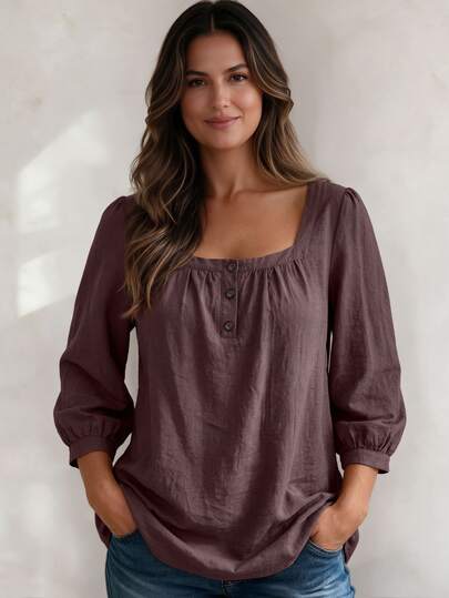Weeklong Women's Plus Size Spring/Summer Casual Vacation Square Neck Button Mid-Sleeve Solid Color Blouse, Suitable For Daily And Vacation Wear Fall